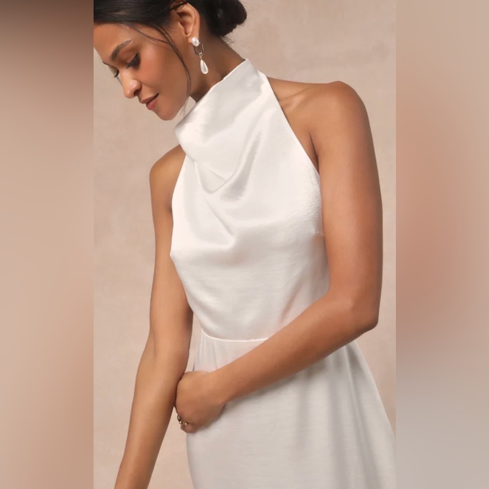 Lulu's Meliana White Satin Halter Backless Maxi Dress